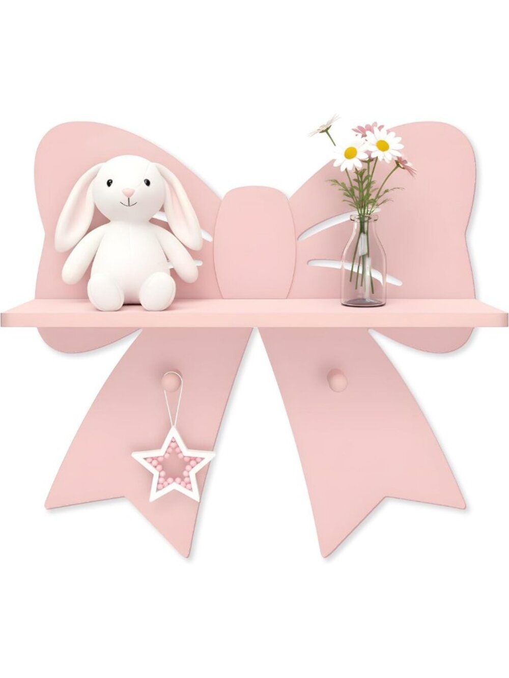 Pink Bow Floating Shelf with Hooks - Cute Wooden Wall Decor for Girls' Room